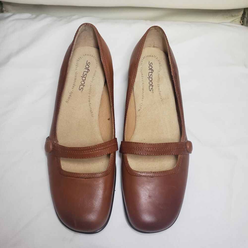 NEW SOFTSPOTS Comfort Leather Mary Jane Square Toe Tan 2.5" heel #A1